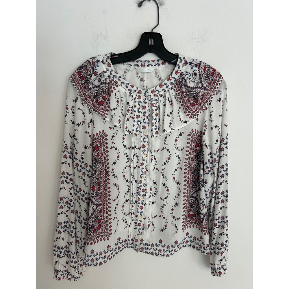 Peasant Floral Paisley Ruffle Collar Button Front Blouse White Red Blue Sz Small